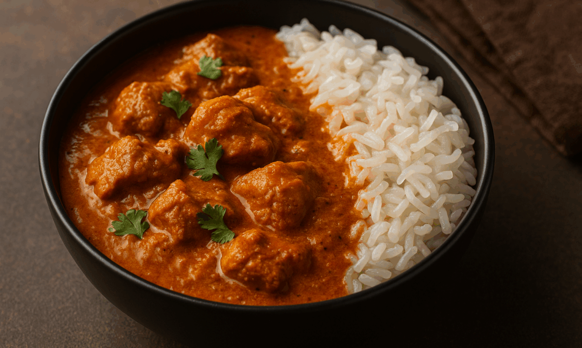 Shirataki rice served with Indian Paneer Butter Masala in a black bowl